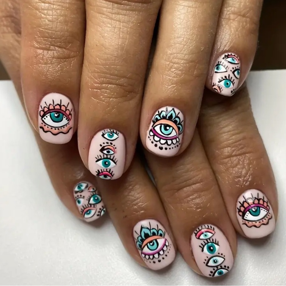 Pink and Blue Press-On Nails with Eye Art